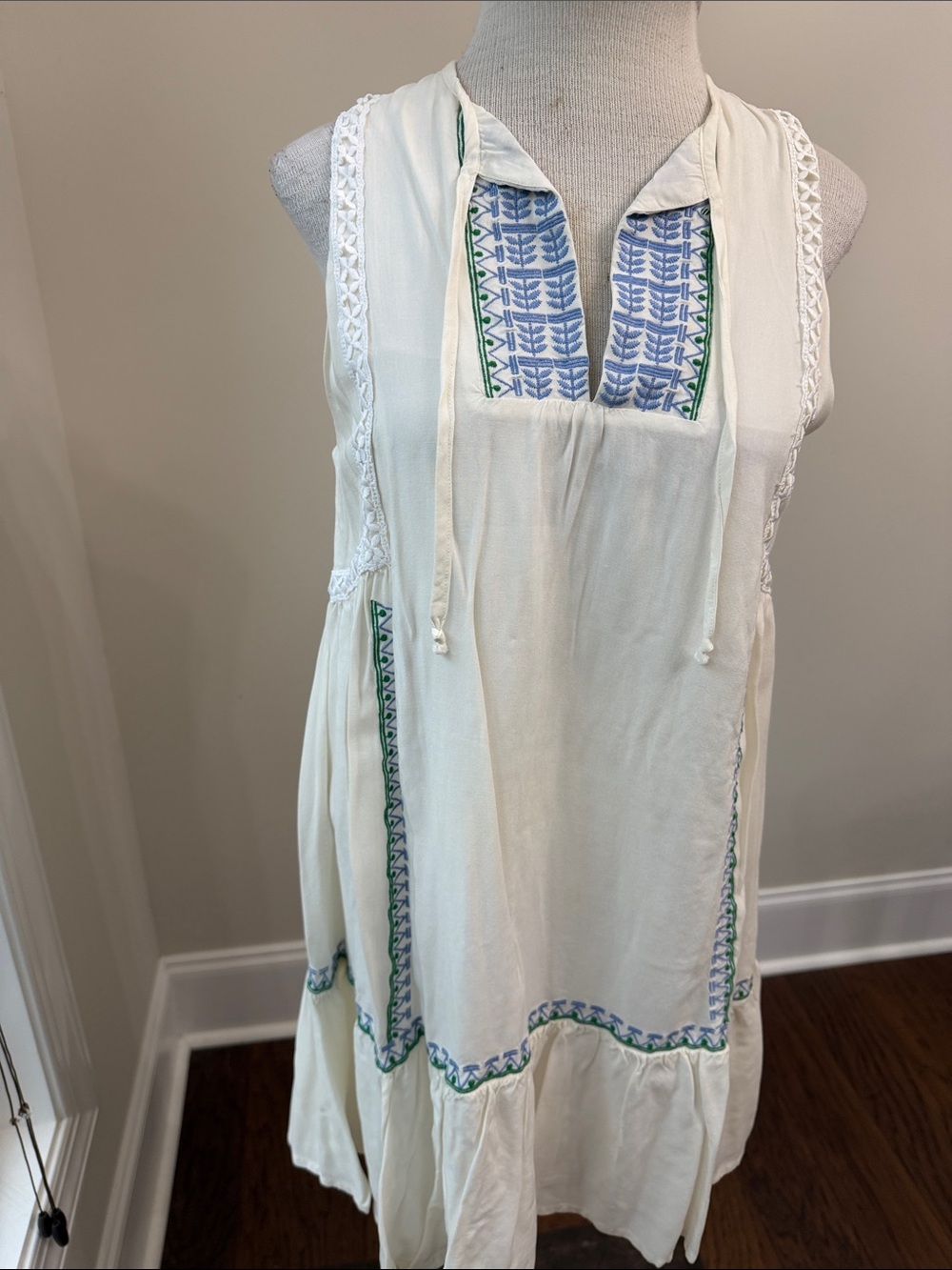 Boho White Sleeveless Mini Dress with Blue & Green Embroidery
